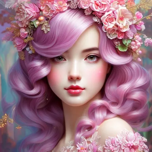 Prompt: (masterpiece), (best quality), (ultra-detailed), Beautiful frosting goddess, goddess of cake, bright pink frosting hair, pink features, wearing a detailed dress with sprinkles, by Tim burton, Highly Detailed, Digital Painting, hyper detailed eyes, Elegant, Portrait, Beautiful, Colourful, Artgerm, Alphonse Mucha, Ilya Kuvshinov, Watercolor, Ink Painting, Liminal Space, ilya kuvshinov, beautiful watercolor painting, realistic, detailed, painting by olga shvartsur, svetlana novikova, fine art, soft watercolor, (detailed background:1.3), Cinematic Lighting, ethereal light, intricate details, extremely detailed, incredible details, full colored, octane render, amazing detail, color grading, (glowing haze)++(soft glow)+ digital art render,