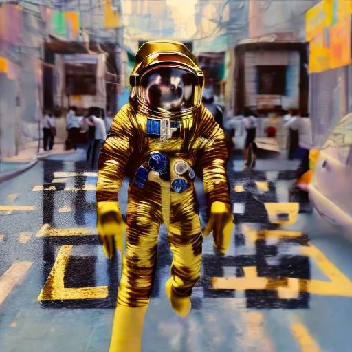 Prompt: An analogue film still of an astronaut in a space suit walking on the busy streets of Mumbai, golden light on the astronaut, 4k