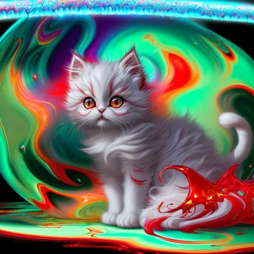 Prompt: cotton surreal puffy liquid red gold silver jade (Beautiful {Fluffy!!! Persian}kitten plasma), hyper realistic,  expansive psychedelic background, hyper realistic, 8K --s99500