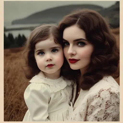 Prompt: mother have brown curly hair,pale skin and hanzel eyes, with her daughter,1960s aesthetic, British landscape , high quality, 4k, details ,vintage ,analog filter, perfect composition, hyperrealistic, super detailed, 8k, high quality, trending art, sharp focus, intricate details, highly detailed