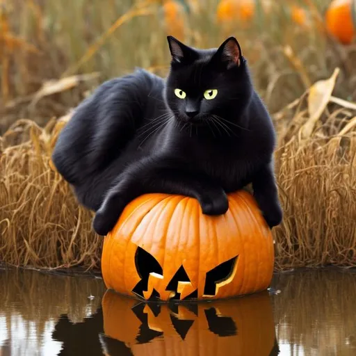 Prompt: A black cat wearing a pumpkin sitting in a swamp 