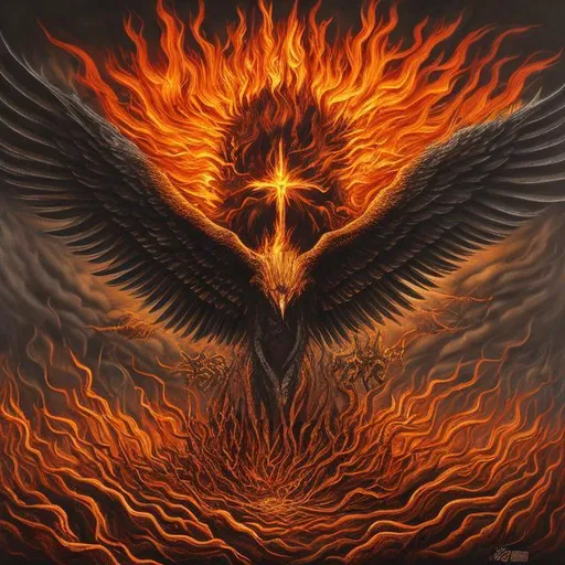 Prompt: Create art inspired by heavy metal album covers that depicts the fire of the holy spirit and create a golden throne that the wings come out of,