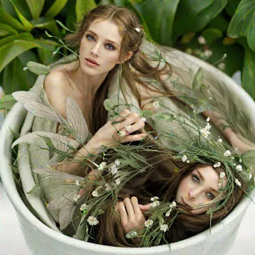 Prompt: Beautiful fairies, long hair, pale eyes, long dress, light speckled wings, plants, flowers. elegant, fairycore, style of Vittorio Matteo Corcos