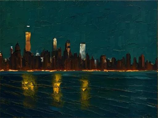 Prompt: Thick oil impasto York Skyline from 42nd Street Pier, thick oil impasto