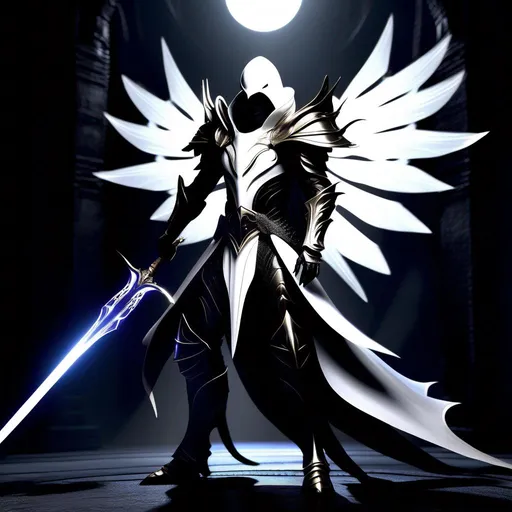 Prompt: Humanoid abyss humanoid creature, White shell over him, tall creature, smooth silhouette, wearing a White assasin outfit with pure light white armor over it, Have assasin Pose, Skin of creature is dark, from hands coming out a Large blades, seems like kind of eldrich god of darkness, background is a dark pit with darkness but he is giving the light to the place,  full body beautiful ,Highly detailed face, close-up shot, full body shot, epic cinematic shot, professional digital art, high end digital art, singular, realistic, DeviantArt, artstation, Furaffinity, 8k HD render, epic lighting, depth