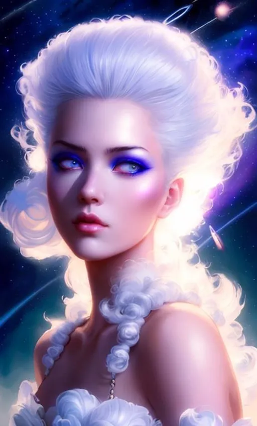 Prompt: beautiful cool girl with an different hairstyle. Her Hair is made of white ethereal white puff glowing clouds in a updo held by glowing shooting stars and Saturn ring, dramatic lighting coming from the planets, aesthetic, inspiring, creative, hyperdetailed, rim lighting, art by artgerm , Peter mohrbacher, Greg rutkowaski, Tom Bagshaw, WLOP, digital art, smooth, aesthetic, glow, shimmer