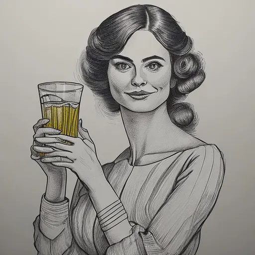 Prompt: A hand drawn picture of a posh woman holding a drink, simple lines
