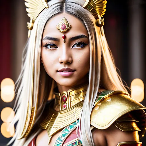 Prompt: full body cute young photographic half-breed girl with fringed pale blonde brown hightlight hair in wet and oily with chinese gold and red dragon half-armor, light red eyes, goddess, symmetrical face, sharp focus, hyperfine details, photographic lighting, 64k, UHD, detailed egypt city background, cinematic, hyperrealistic, studio photo, intricate details, hyper detailed, photographic detail, leggy, perfect composition, unreal engine 6, octane render, Canon R5, high details white skin, detailed face, detailed hair, sunny day, small tattoo, RTX on