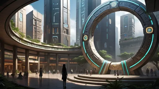 Prompt: magical portal between cities realms worlds kingdoms, circular portal, ring standing on edge, upright ring, freestanding ring, hieroglyphs on ring, complete ring, ancient inca architecture, gardens, hotels, office buildings, shopping malls, large wide-open city plaza, turned sideways view, futuristic cyberpunk tech-noir setting