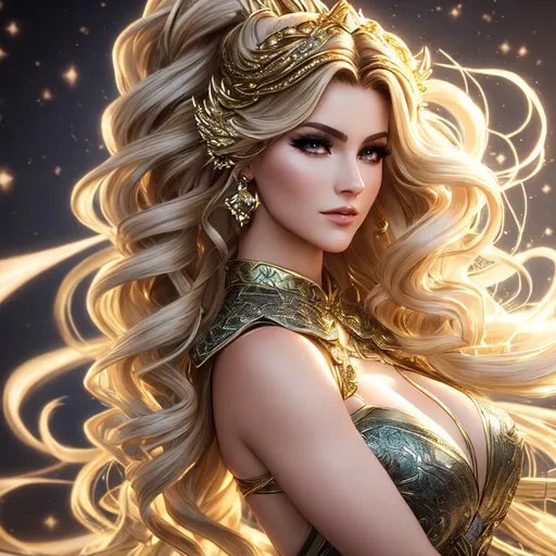 Prompt: The Mask stylized, UHD, hd , 8k, , Very detailed, panned out view with whole character in from, a olive skinned, long hair with tight curls, earth giant female  celestial being character, Dancing beauty, echoing movements , magic light following her movements, HD, 3D rendered, Hair like chaos flowing, armored lace wedding ninja  styled dress, Fantasy character, sharp expressive facial features, magic music notes flying around, crying stone