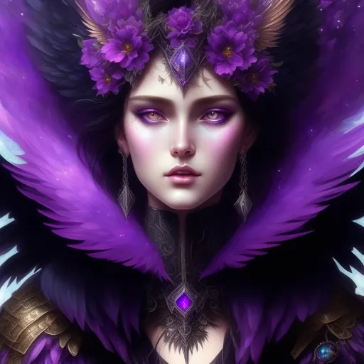 Prompt: Beautiful mage woman, black feathered angel wings, black magic, sparkling, armor, purple flowers, cyberpunk, beautiful body, long hair, tom bagshaw, amano, luis royo, highly detailed, realistic, hyper realistic, 3/4 picture, colorful, 16K HDR, artgerm, pretty visuals, wisteria, sparkling, art by agnes cecile, watercolor delicate paint, purple blue sky, marble, rococo Ornate background, gold paint, highly detailed, digital painting, smooth, sharp focus, gtgraphics, illustration, art by Kenji Gonzales, natalia fabia, mucha, artgerm, 8k, professional.