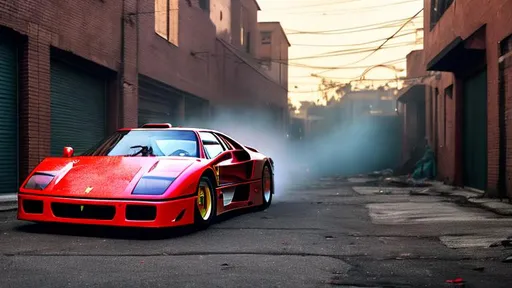 Prompt: ferrari f40, in a dark forgotten trash filled alley way, no light coming in, with trash flying around, in the crack of dawn,
