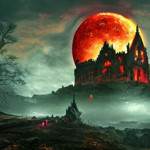 Prompt: The world of Elden Ring with the World Tree with a glowing yellow/red hue in the background and a decaying castle in the foreground and all of this overseeing the world of Elden Ring zoomed out over a large landscape with a gothic art style
