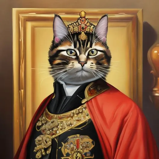 Prompt: An oil painting of a cat dressed as a emperor
