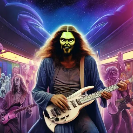 Prompt: Alien Jesus playing a double-necked Guitar for spare change in a busy alien mall, widescreen, infinity vanishing point, galaxy background, surprise easter egg