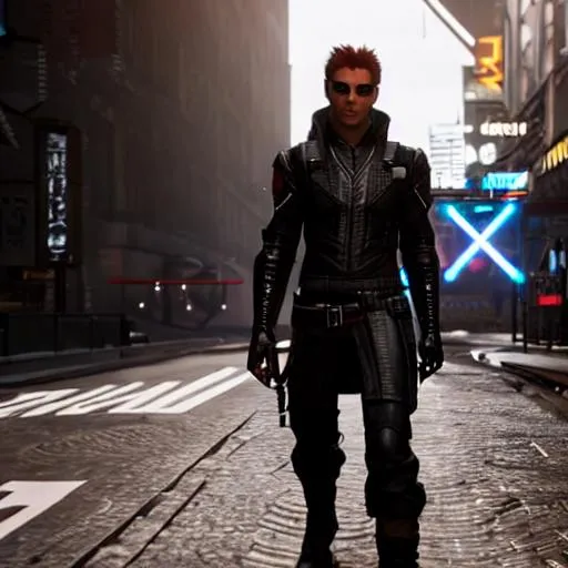 Prompt: Male Shadowrunner with red hair and tattoo's on face and neck trench code monofilament sword cyberpunk cityscape Ultrareal unreal engine 5