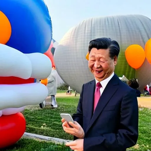 Prompt: Chinese leader looking at a phone, while laughing, big white balloon in the background 

