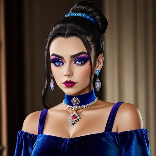 Prompt: Womanwith dark hair in a top knot wearing a velvet choker and a blue dress, attractive makeup, jewels in hair, wearing a tiara