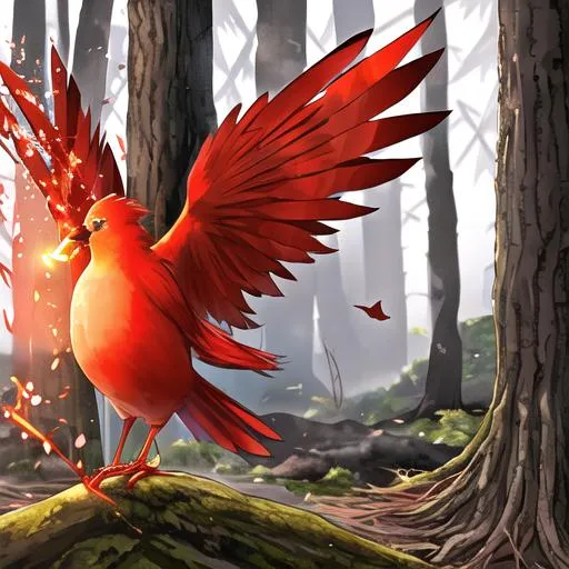 Prompt: A  red  bird in the middle of a forest.It is night time and fire  sparks are out sparkling from out of the bird.  