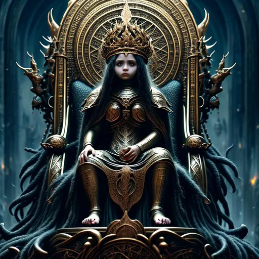 Prompt: concept art of a (((beautiful girl covered in her own thick hair))) sitting on (((a throne decorated with human statues))), anatomically correct, accurate Anatomy, ultra fine details, gloomy, dreadful, sharp focus, UHD, 8k