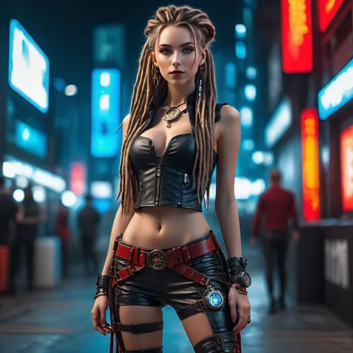 Prompt: Full body shot, young tall ultra skinny girl with long dreadlocks, medium round silicones, tiny waist, slim legs, blue eyes, highly detailed face and body, she is standing in cyberpunk city, ultrarealistic, sharp background, natural light, wearing red  steampunk equipment, UHD, high quality