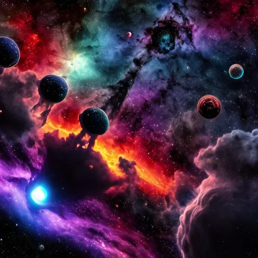 Prompt: Space scene with multi-colored nebulas and a black hole catching them in it's event horizon