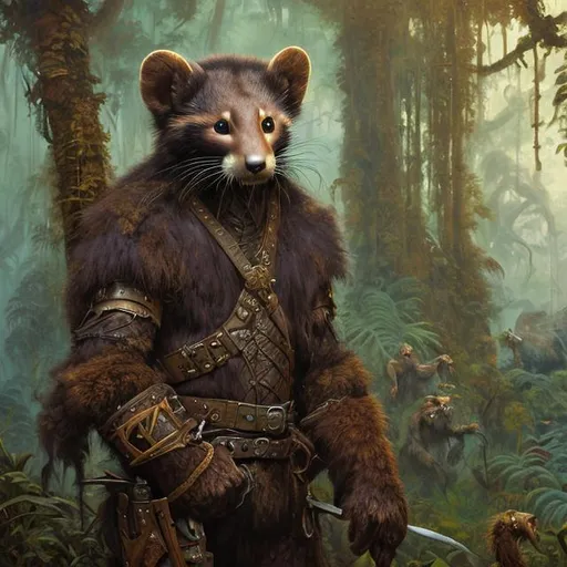 Prompt: Portrait painting, old marten-like humanoid warrior with dark brown fur and white beard, leather armor, in the jungle, dull colors, danger, fantasy art, by Hiro Isono, by Luigi Spano, by John Stephens