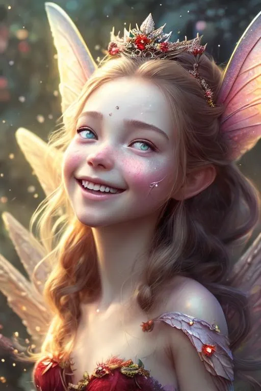 Prompt: Gorgeous fairy female wearing crown with long hair, two wing, a smile on face, cute red cheeks, unreal engine, highly detailed, artgerm digital illustration, woo tooth, studio ghibli, deviantart, sharp focus, artstation, by Alexei Vinogradov bakery, sweets, gorgeous, emerald eyes, sparkled, 8 k