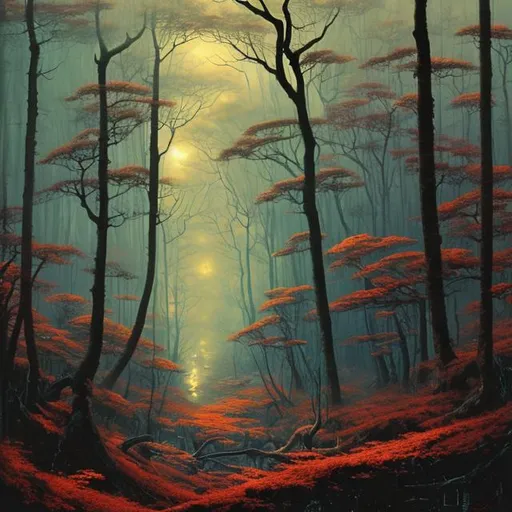 Prompt: Landscape painting, dense and dark deciduous forest, dull colors, danger, fantasy art, by Hiro Isono, by Luigi Spano, by John Stephens