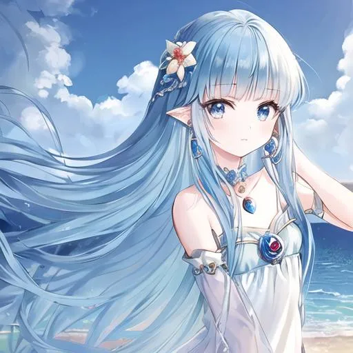 Prompt: Bueataful girl with long blue hair, prinsess of the ocean, wwith long dangley earrings, flower in her hair perfect face and body