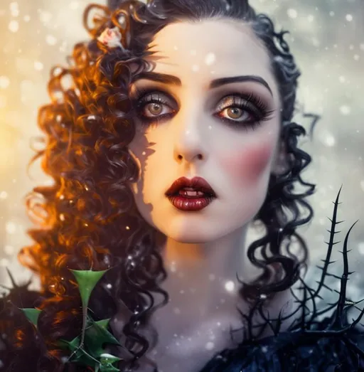 Prompt: victorian vampire , curly hair, glamorous dress and heels, thorns, Beautiful eyes, snow