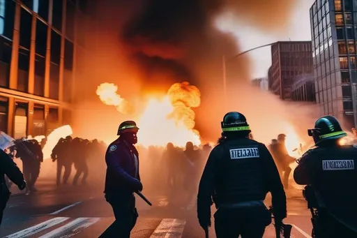 Prompt: riots in New York, Riots in streets, apocalypse zombie,  Hyperrealistic, sharp focus, Professional, UHD, HDR, 8K, Render, electronic, dramatic, vivid, pressure, stress, nervous vibe, loud, tension, traumatic, dark, cataclysmic, violent, fighting, Epic