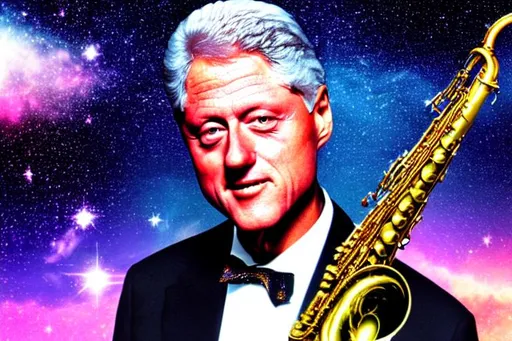 Prompt: Breathtaking Detailed president ((Bill Clinton)) holding and playing the (saxophone) (trippy) cool aesthetic (vaporwave) (wallpaper) from 1992 with a galaxy background