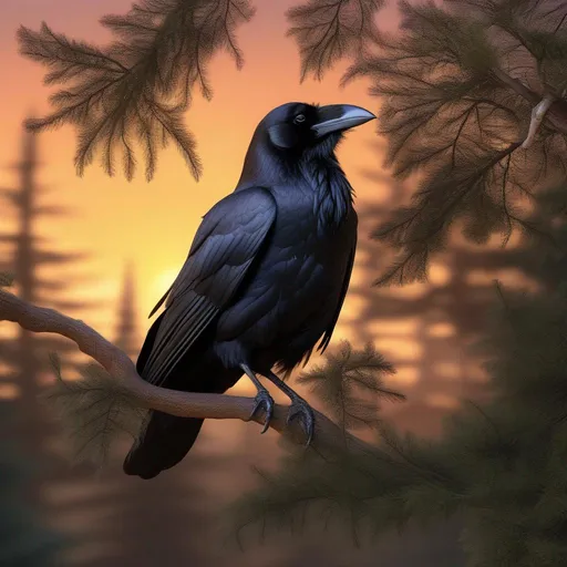Prompt: A raven sitting majestically on a branch of a hemlock tree, close vantage point, realistic feathers, Sunset lighting