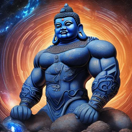 Prompt: lazulite armored bodybuilding buddha, widescreen, infinity vanishing point, spiral galaxy nebula background
