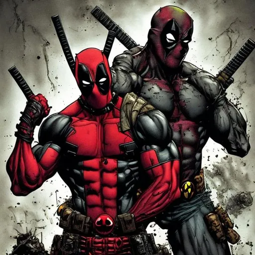 Prompt: Deadpool & Todd McFarlane spawn variant. muscular. dark gritty. Bloody. Hurt. Damaged. Accurate. realistic. evil eyes. Slow exposure. Detailed. Dirty. Dark and gritty. Post-apocalyptic. Shadows. Sinister. Intense. 
