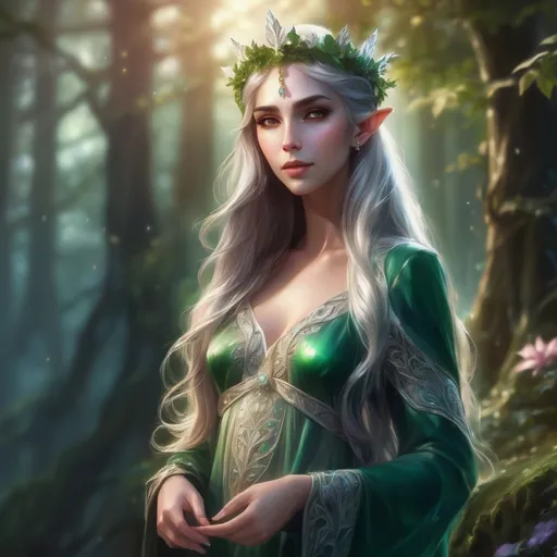 Prompt: Adult slim female elf royalty, graceful posture, ethereal elegance, adorned in intricate silver and emerald robes, wearing a delicate crown, long flowing hair adorned with flowers, serene expression, surrounded by enchanted forest backdrop, magical soft lighting highlighting her features, enchanting atmosphere, mystical aura, ultra-detailed, high quality.