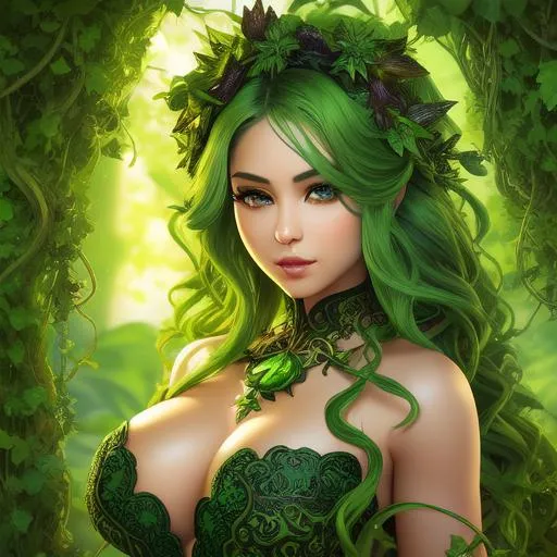 Prompt: Splash art masterpiece of seductive feminine posing woman with ((hyperdetailed green pixie hair)) and ((hyperdetailed brown eyes)) and beautiful hyperdetailed feminine soft face and big lips, backlit, intricately hyperdetailed vines, dark green vines, ((caramel skin)), ((hyperdetailed vines as minimal lingerie)) with deep cleavage and visible abdominal muscles, toned body, barely any clothing, look at camera, bokeh dark green background, cinematic lighting, backlight, action shot, intricately hyperdetailed, perfect face, perfect body, perfect anatomy, hyperrealistic, sharp focus, epic fantasy, beauty, sensual feminine romance, professional, sensual feminine, perfect composition, unreal engine 8k octane, 3d lighting, UHD, HDR, 8K, render, HD, trending on artstation, front view, ((huge breast)), ((sexy))