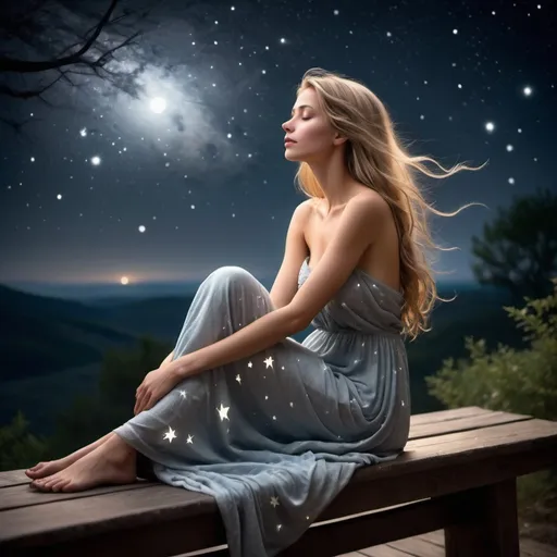 Prompt: 
On a rustic wooden bench beneath a blanket of twinkling stars, a beautiful woman sits, bathed in the soft glow of the moonlight. The stars above seem to twinkle even brighter in her presence, enhancing the magical atmosphere around her.

Her hair cascades down her shoulders, catching the moonlight and shimmering like a cascade of silver against the dark night. Her eyes, reflecting the depth of the night sky, hold a mysterious allure that captivates anyone who looks into them.

She's dressed in a flowing dress that drapes elegantly around her, echoing the serene movement of the night breeze. The fabric seems to blend seamlessly with the shadows and the starlight, creating a dreamlike quality to her appearance.

With her hands folded gracefully in her lap, she sits in quiet contemplation, gazing up at the vast expanse of stars overhead. Her expression is one of wonder and awe, as if she's lost in the beauty and mystery of the cosmos.

The bench creaks softly beneath her weight, grounding her amidst the celestial beauty that surrounds her. Despite the vastness of the universe above, she seems perfectly at peace, embodying the timeless connection between earth and sky. She is very beudiful.






