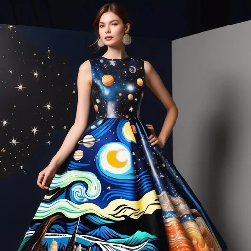 Prompt: a woman wearing outer space as a dress, masterpiece