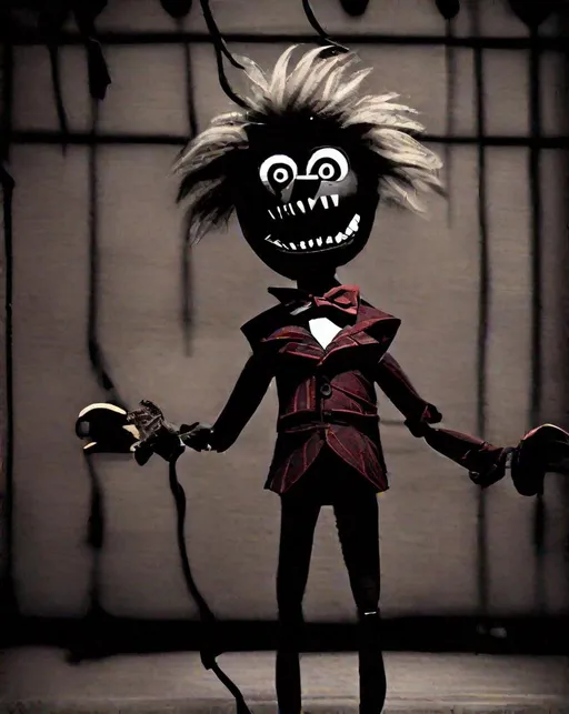 Prompt: 
Take a photo of The Puppet from five nights at Freddy's . The photo should be in the style of Tim Burton, with a dark and twisted aesthetic.