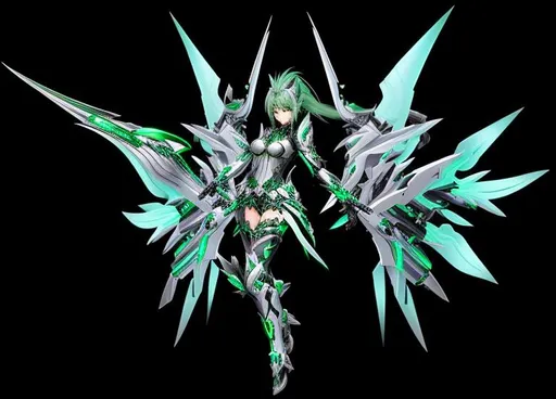 Prompt: , female, long silver and green glowing hair, wearing black gloves, green and silver scifi armor, V1 ULTRAKILL wings, Xenoblade 2 , conceptart
