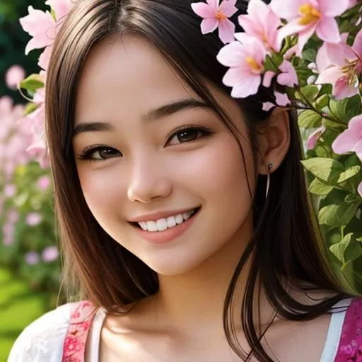 Prompt: a beautiful girl in beautiful garden, radient smile showing teeth, facial closeup
