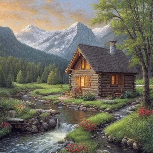 Prompt: a Thomas kinkaid like painting of a cabin  by a stream near a mountain.