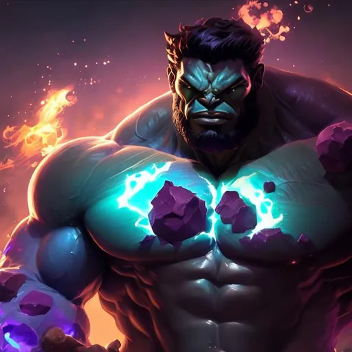 Prompt: upper torso portrait of league of legend's Dr Mundo turning Hulk like, purple skin tone, soft lighting, perfect composition, cinematic, video game trailer, dramatic, detailed painting, 8k, octane render, by makoto shinkai, stanley artgerm lau, wlop, rossdraws, concept art, digital painting, looking into camera,