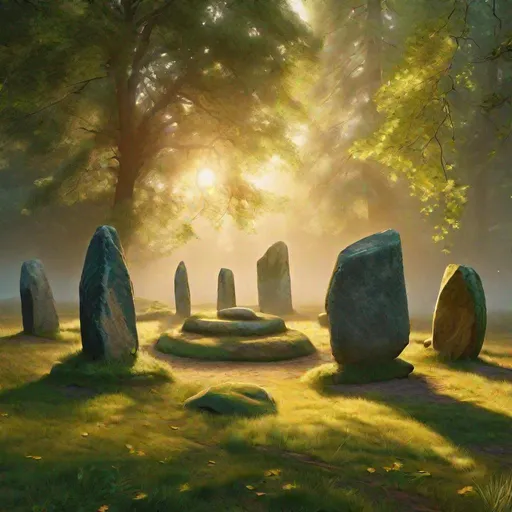 Prompt: ancient ritualistic standing stones arranged in a circle in a glade, smooth lighting, oil on canvas, ultrarealistic, 8K