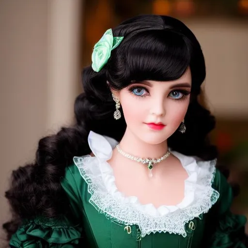 Prompt: A woman with black wavy hair and green eyes, turned into a porcelain doll wearing a victorian dress.