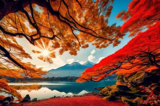 Prompt: Scenic photograph, HD, japanese, trees, fall, red and yellow leaves, varm colors, relaxing, dreamy, blue sky