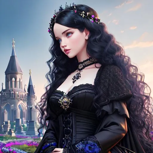 Prompt: Dove Cameron, full body, Hyper realistic, detailed face, casting dark magic spells, battlefield ethereal black blue lace royal princess two piece dress, floating city in background, jewelry set, curly long hair, cemetery and black flowers  in the background, royal vibe, highly detailed, digital painting, HD quality, pale skin, artgerm, by Ilya Kuvshinov 

