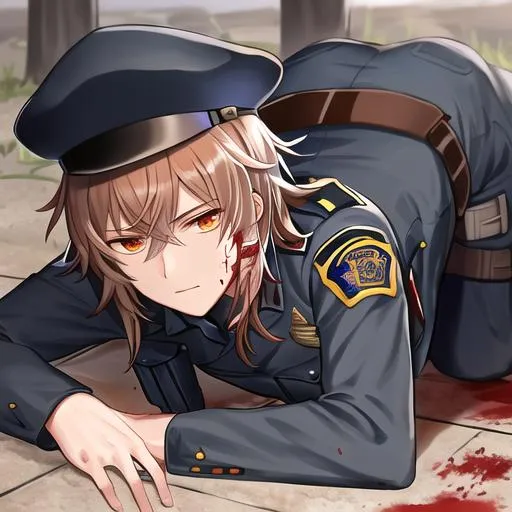 Prompt: Caleb as a police officer in a gunfight bullets flying, wounded, covered in blood, lying on the ground, badly wounded
